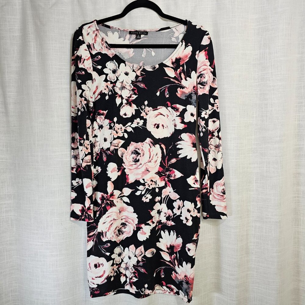 Haute Monde Long Sleeve Black Floral Polyester Blend Pencil Dress-Size: Large